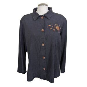 Vintage 1990s BFOFO Womens Medium Shirt Shacket Tribal Art Black Cotton Artsy